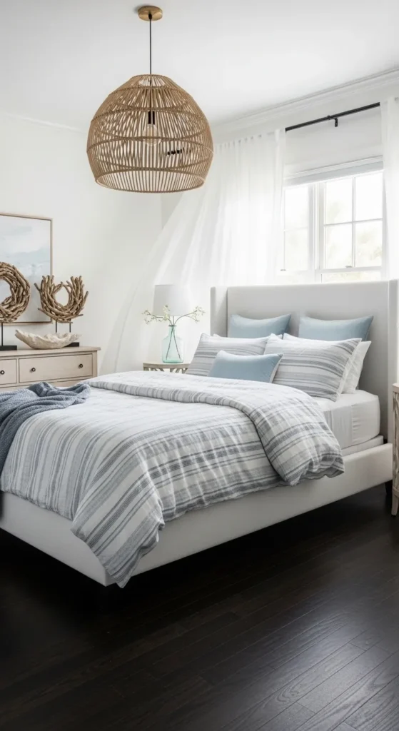 Coastal-Inspired Bedroom with Dark Hardwood Contrast