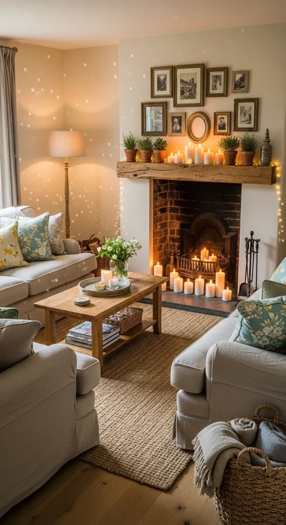 Brick Cottage Fireplace with Wooden Mantel