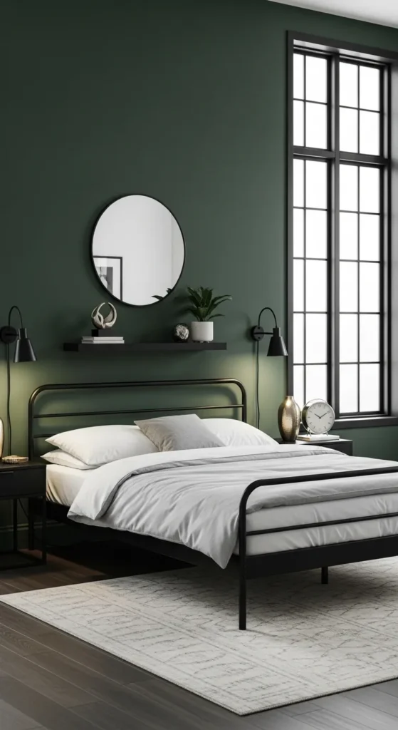 Dark Green Bedroom with Black Modern Accents