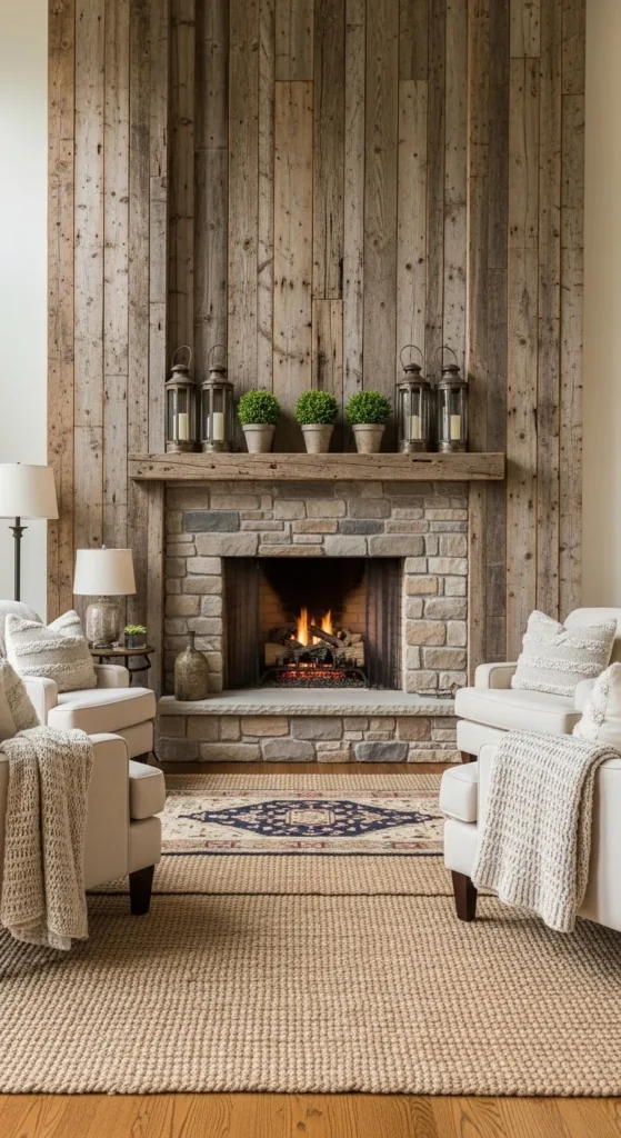 Farmhouse Fireplace with Barn Wood Accent Wall