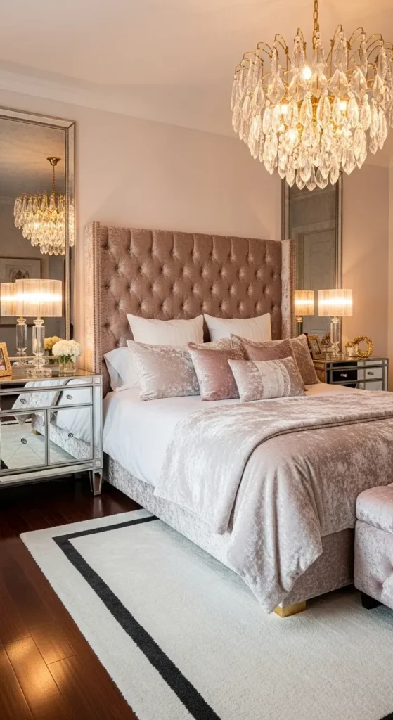 Luxurious Glam Bedroom with Dark Cherry Floors