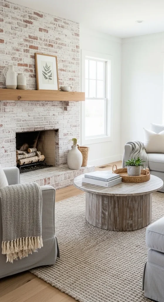 Whitewashed Brick Fireplace for Soft Texture