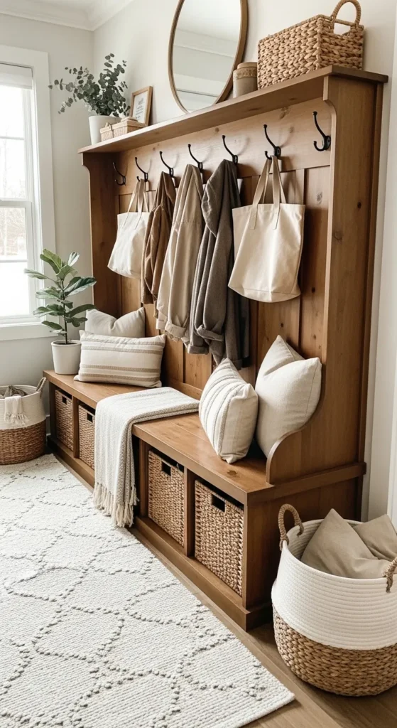Farmhouse Bench with Backrest and Coat Hooks