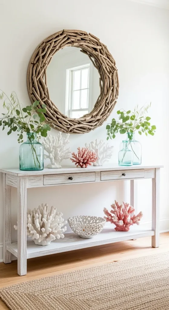Whitewashed Console with Coastal Decor