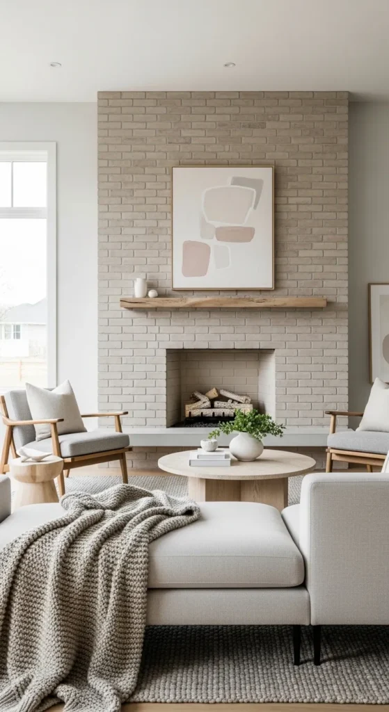 Minimalist Brick Fireplace with Simple Mantel