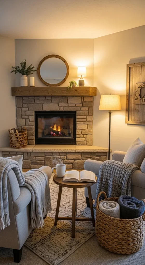 Corner Farmhouse Fireplace with Cozy Seating