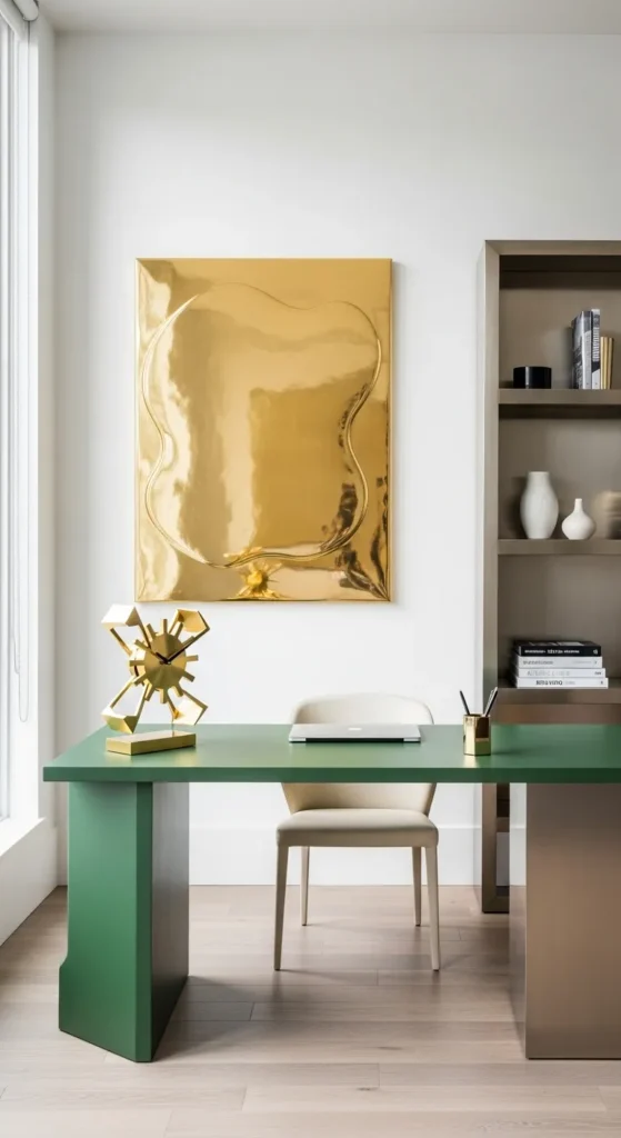 Minimal Green Desk with Bold Gold Statement Pieces