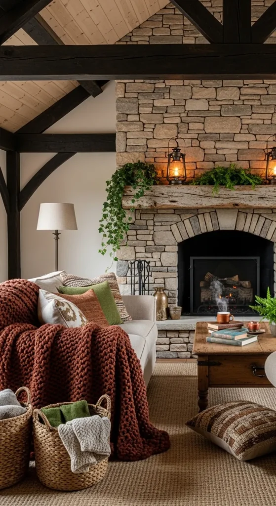 Cottage Fireplace with Rustic Stone Surround