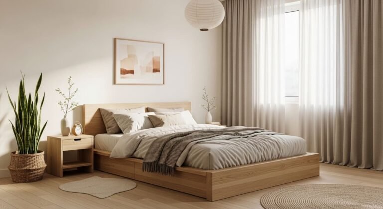 A peaceful Japandi bedroom featuring a soft neutral palette of beige, off-white, and muted grey walls, a low wooden bed in natural oak, linen bedding, and a subtle woven rug. Minimal décor includes neutral cushions, small potted plants, and natural light streaming through sheer curtains, creating a calm, cozy, and harmonious retreat. A minimalist bedroom showcasing a low platform wooden bed with clean lines, neutral linen bedding, and a soft textured throw. Light-colored walls and uncluttered nightstands with a small lamp and plant enhance the sense of openness. Sunlight filters through sheer curtains, emphasizing a grounded, serene, and airy Japandi-inspired space. A Japandi bedroom with simple décor: a small ceramic vase, a handcrafted sculpture, and a single piece of wall art. Neutral walls and wooden furniture complement linen bedding and soft textured rugs. The room emphasizes negative space, natural light, and purposeful styling, creating a tranquil, balanced, and clutter-free minimalist retreat. A calming bedroom illuminated by soft natural light through sheer white curtains covering large windows. Neutral-colored walls, wooden furniture, and minimal décor create an open and airy feel. Subtle textures in bedding and rugs enhance comfort, while the gentle light promotes a peaceful, serene atmosphere in this Japandi-inspired minimalist bedroom. A serene bedroom combining natural wood furniture, linen bedding, woven rugs, and clay or ceramic accents. Neutral tones dominate, with subtle earthy color touches like muted browns and greens. The combination of soft textures and organic materials creates warmth, comfort, and a tactile, visually harmonious Japandi-inspired space that invites relaxation. A minimalist Japandi bedroom featuring sliding shoji-style panels with wooden frames and translucent panels. Neutral walls, a low wooden bed, and linen bedding complement the soft, diffused light coming through the panels. The space feels airy, calm, and serene, combining functionality with elegant simplicity while maintaining a minimalist Japanese-Scandinavian aesthetic. A Japandi-inspired bedroom with a neutral base and muted earth-tone accents such as terracotta cushions, olive green throws, and soft brown rugs. Wooden furniture and linen bedding enhance warmth. The subtle layered colors add depth and visual interest without clutter, creating a balanced, peaceful, and cozy minimalist retreat. A minimalist bedroom featuring clean-lined wooden nightstands beside a low wooden bed with neutral bedding. Essentials like a small lamp, a book, and a tiny potted plant sit on top. Light wooden flooring, neutral walls, and uncluttered surfaces create a calm, organized, and harmonious Japandi-inspired bedroom environment. A serene Japandi bedroom accented with small indoor plants like bonsai or snake plants in simple ceramic pots. Neutral-colored bedding, wooden furniture, and minimal décor maintain a clean look. The greenery adds freshness, life, and a subtle connection to nature, enhancing the room’s calm, relaxing, and balanced minimalist aesthetic. A cozy Japandi bedroom featuring a low wooden bed with layered linen sheets, cotton duvets, and soft throws in neutral tones. Subtle textures in rugs and cushions enhance depth and warmth. The room feels inviting, calm, and comfortable while maintaining a clean, minimalist aesthetic that blends Japanese simplicity with Scandinavian coziness. A Japandi bedroom with low-profile wooden storage solutions like built-in drawers and simple chests. Neutral walls, a low wooden bed, and uncluttered nightstands create an organized, airy atmosphere. The design emphasizes hidden storage, clean lines, and natural materials, keeping the room serene, functional, and visually harmonious. A serene minimalist bedroom featuring a low wooden bed on a natural fiber rug made of jute or sisal. Neutral bedding and wooden furniture complement the subtle textures of the rug. The room emphasizes warmth, tactile comfort, and organic elegance, creating a peaceful and inviting Japandi-inspired retreat. A calm Japandi bedroom illuminated by a simple pendant lamp with a wooden frame and paper shade, casting soft ambient light. The low wooden bed, neutral bedding, and minimal décor maintain balance. The lighting enhances serenity, warmth, and elegance, creating a minimalist yet inviting atmosphere consistent with Japandi style.
