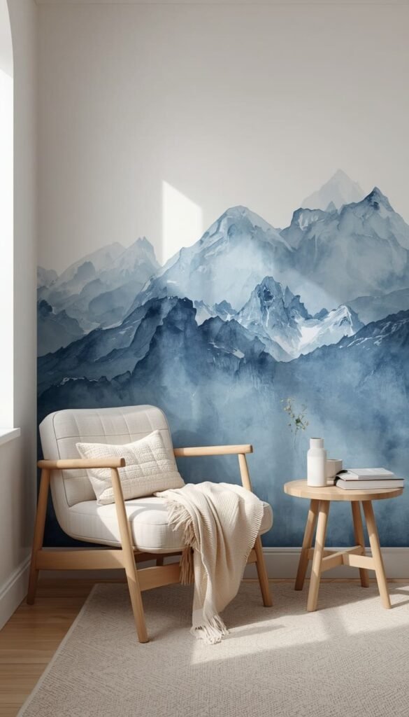 Blue Watercolor Mountain Accent Wall