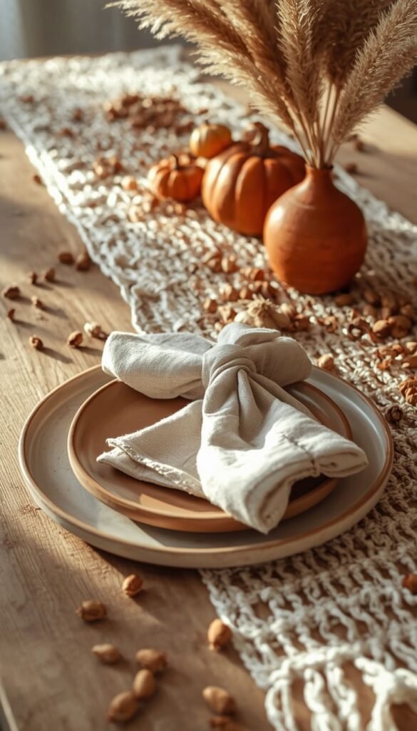 Boho Thanksgiving Place Settings With Pampas Grass and Earthy Textures