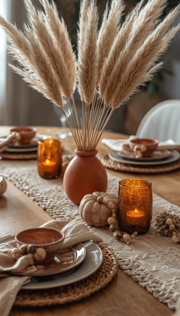 Boho Thanksgiving Tablescape With Pampas and Rattan