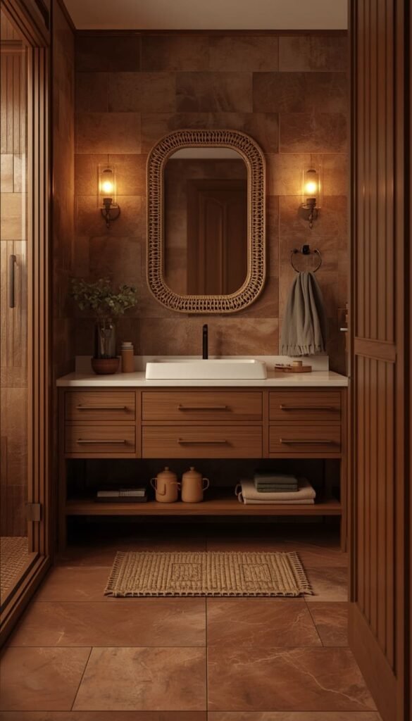 Brown Beige Bathroom Decor With Layered Textures and Warm Lighting