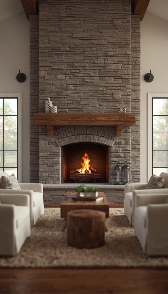 Build Your Cozy Farmhouse Living Room Around a Stone or Brick Fireplace