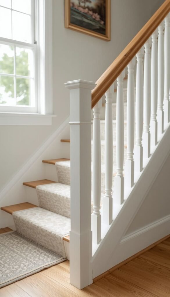 Classic White Farmhouse Staircase With Wood Handrail