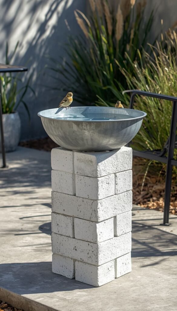 Concrete Block and Bowl Bird Bath