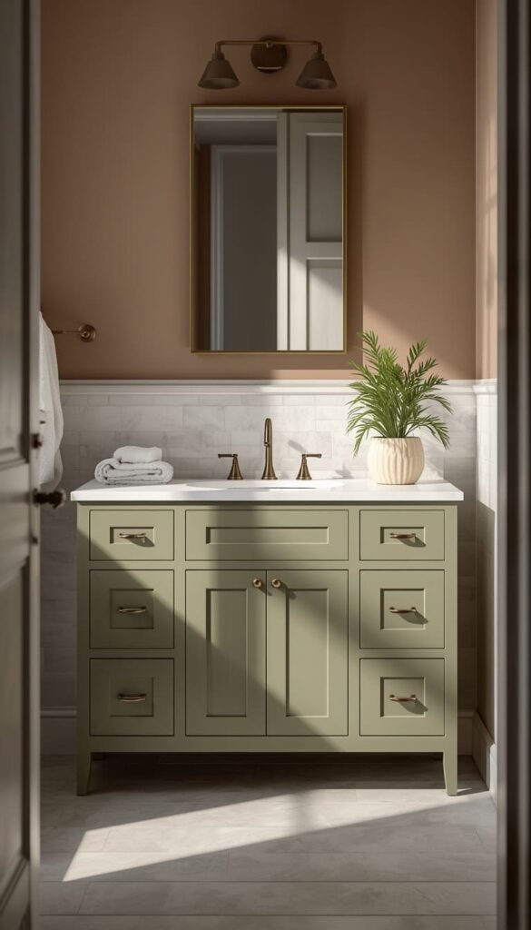 Contemporary Earthy Bathroom Using Sage Green and Warm Gray