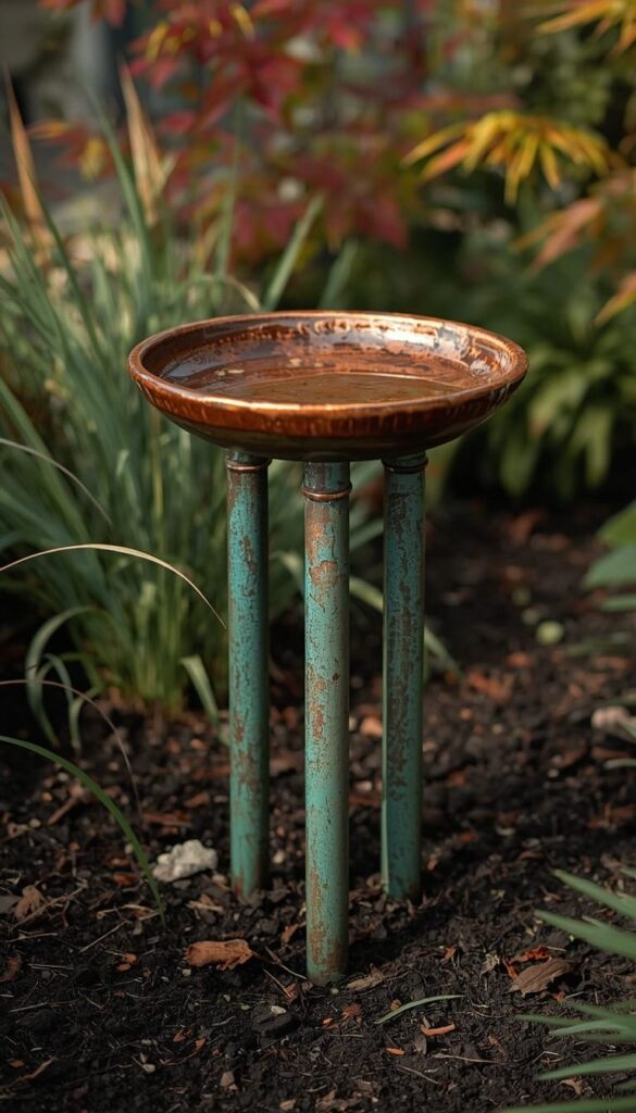 Copper Pipe and Ceramic Dish Bird Bath