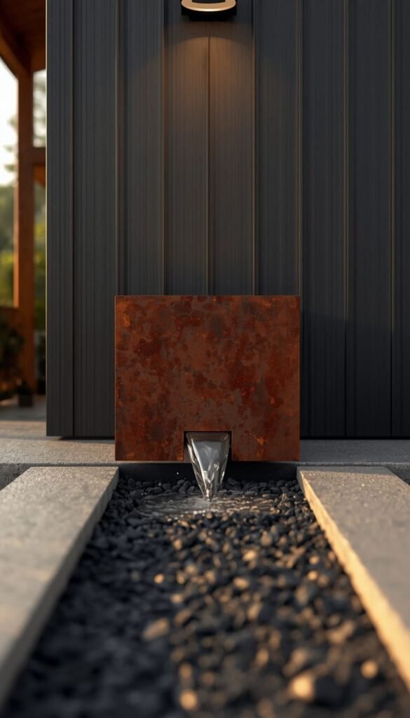 Corten Steel Basin and Gravel Channel as the Modern Gutter Drainage Idea for Minimalist Yards