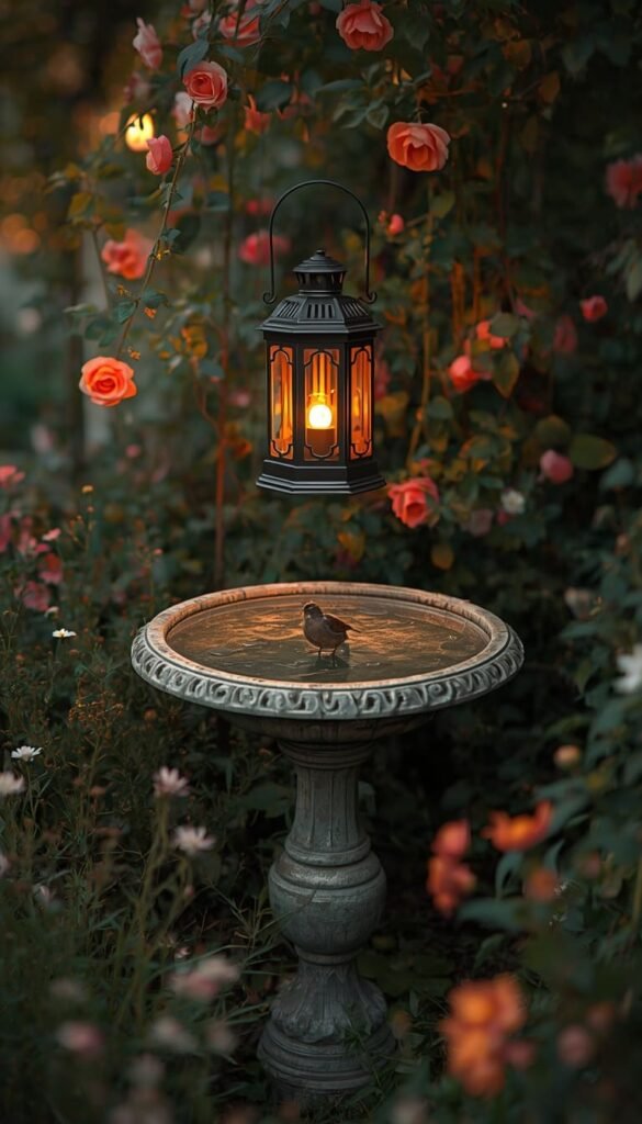Cottage Garden Bird Bath with Solar Lantern Combo