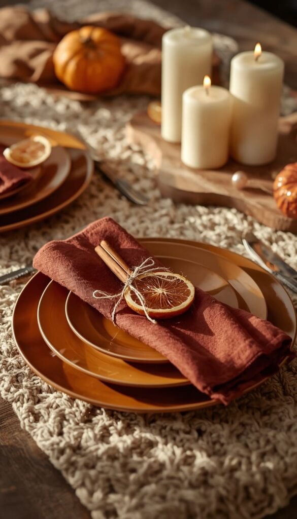 Cozy Fall Thanksgiving Place Settings With Candles Texture and Warm Autumn Layers