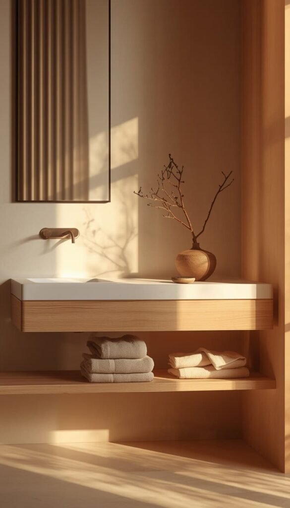 Cozy Modern Bathroom With Japandi Inspired Earthy Minimalism 