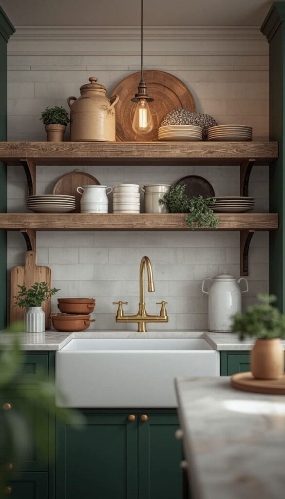 Dark Green Farmhouse Kitchen With Vintage Accents and Timeless Character