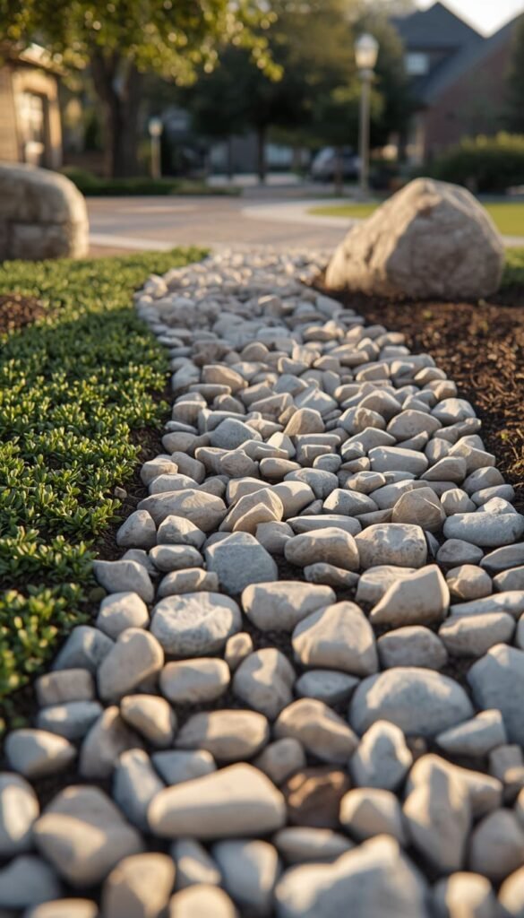 Dry Creek Bed With River Rocks as a Front Yard Drainage Idea That Sells Homes