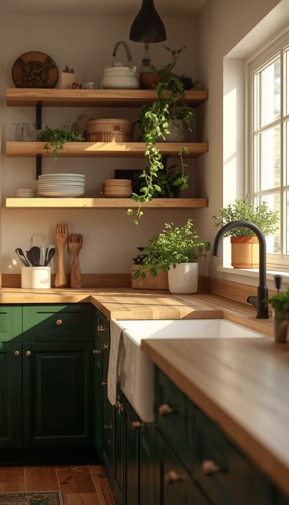 Earthy Green Kitchen Vibes With Natural Wood Accents