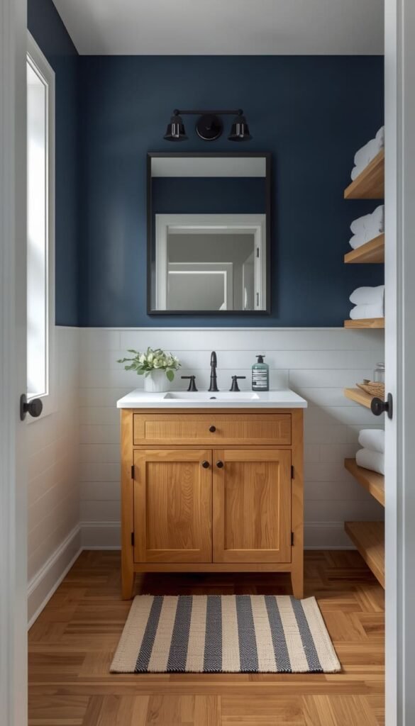 Farmhouse Bathroom Colors Navy, Cream and Warm Wood Combinations