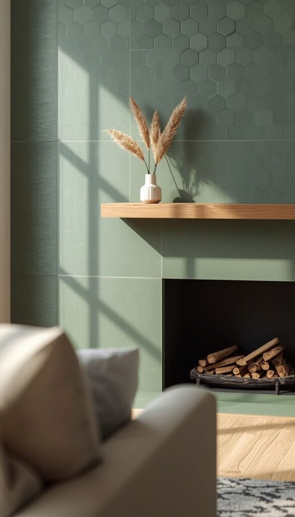 Geometric Muted Tile Fireplace