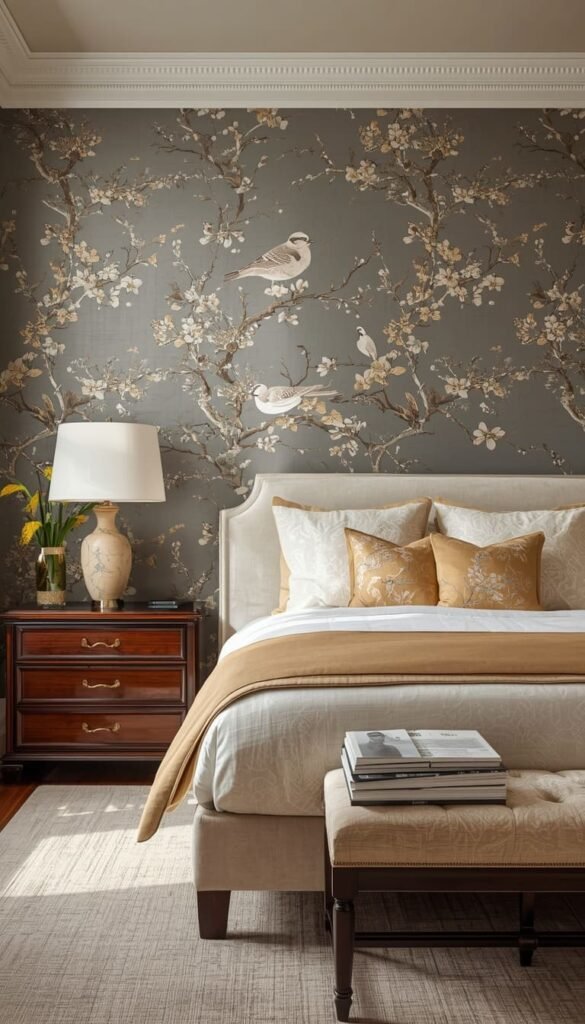  Grey Chinoiserie Wallpaper for an Artistic Collectors Bedroom