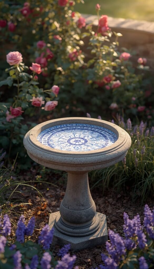 Handmade Concrete Bird Bath Ideas with Mosaic Inlay Details