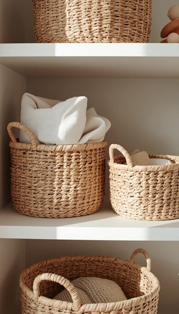 Keep Storage Beautiful With Woven Baskets and Hidden Bins