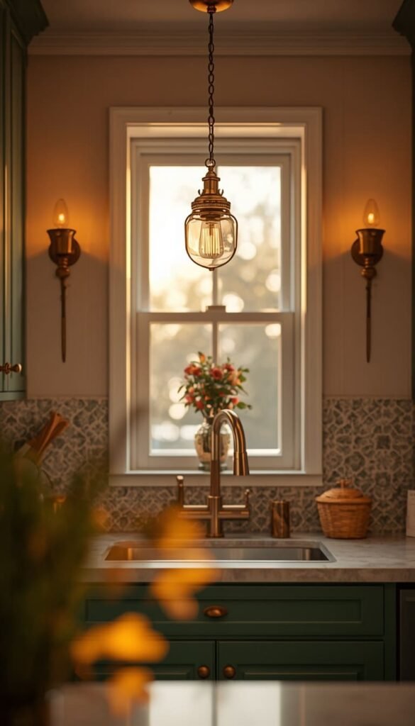  Layered Lighting Chandelier and Sconces in One Tiny Kitchen