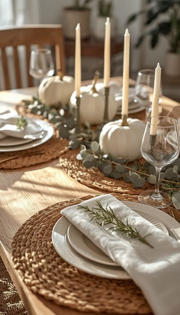 Light and Bright Thanksgiving Tablescapes With White Pumpkins
