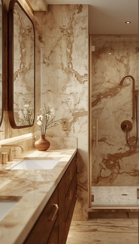 Luxury Earth Tone Bathroom With Marble, Walnut, and Gold Accents