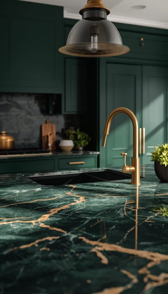 Luxury Green Kitchen Design With Green Marble Countertops