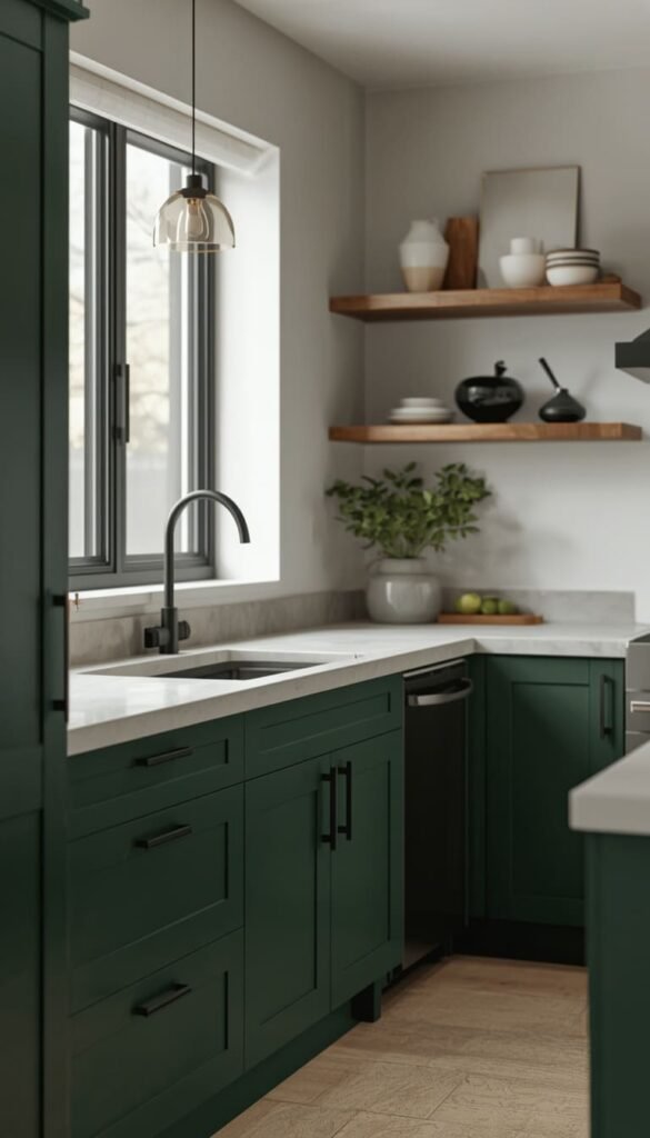 Matte Green Kitchen Cabinets for a Clean and Contemporary Dark Green Kitchen Look