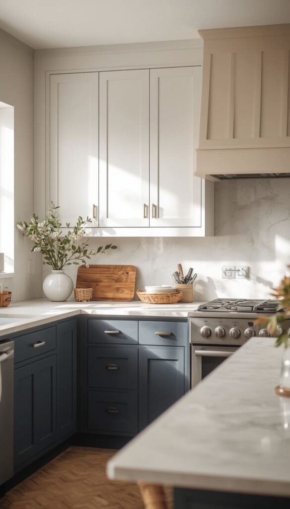 Matte Navy Lower Cabinets With White Uppers