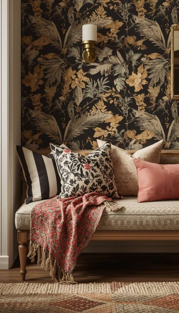 Maximalist Bench With Throw Pillows Galore