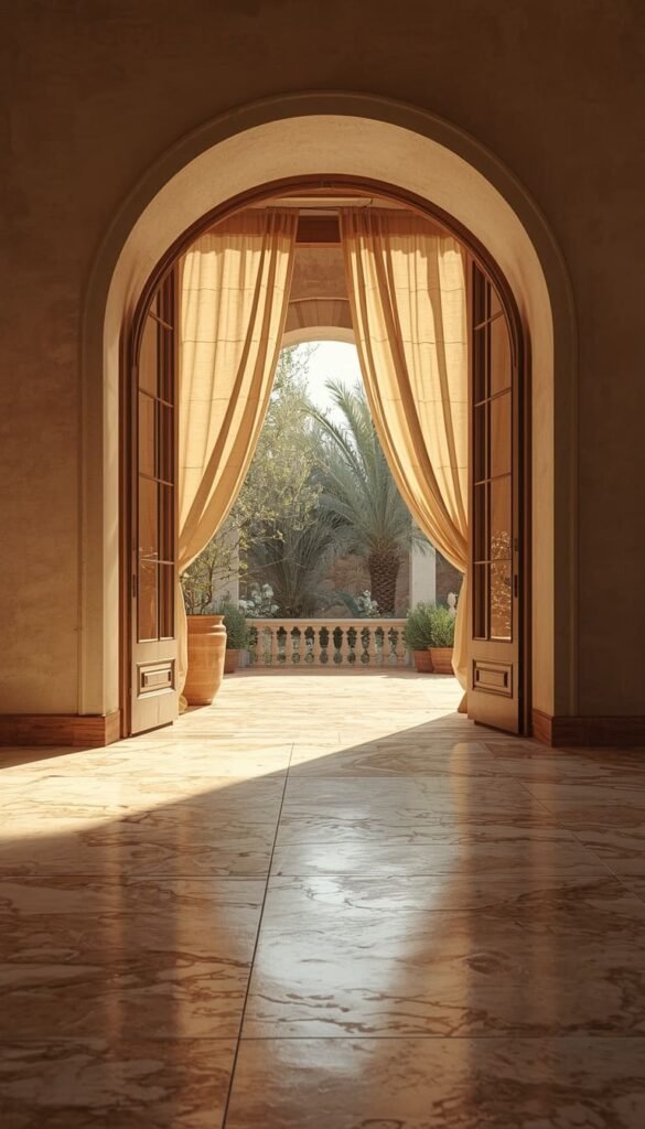  Mediterranean Outdoor to Indoor Flow Arched Doorways and Travertine Floors