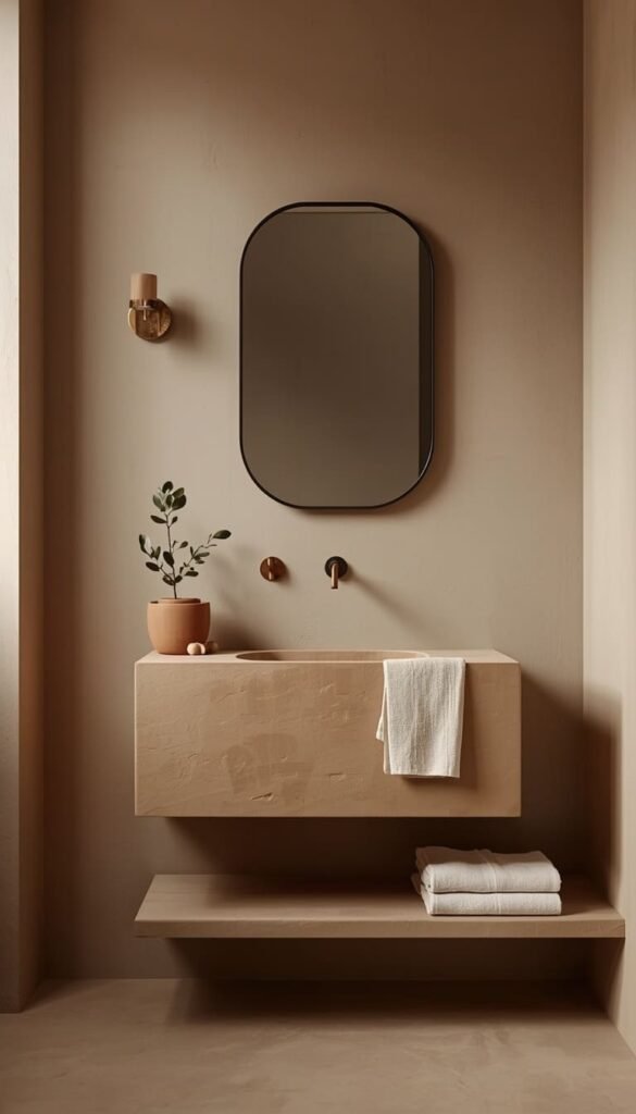 Minimal Earth Tone Interior Bathroom With a Poured Concrete Vanity