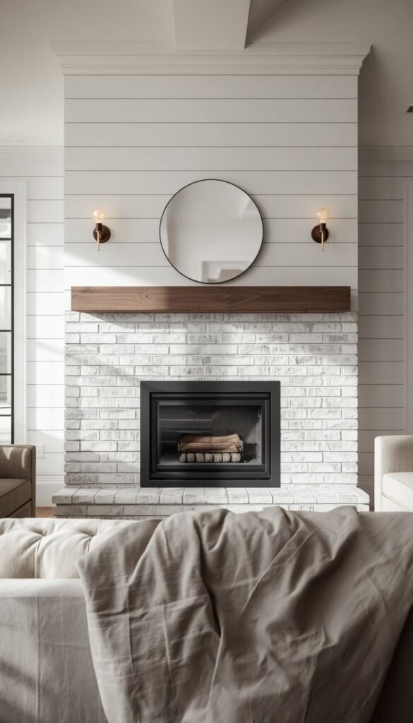 Modern Farmhouse Living Room Ideas The Shiplap and White Brick Fireplace Combo