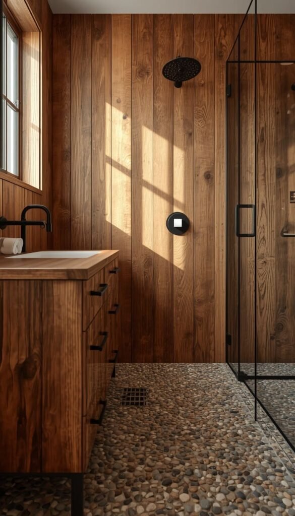 Modern Rustic Bathroom With Reclaimed Wood and Pebble Shower Floor