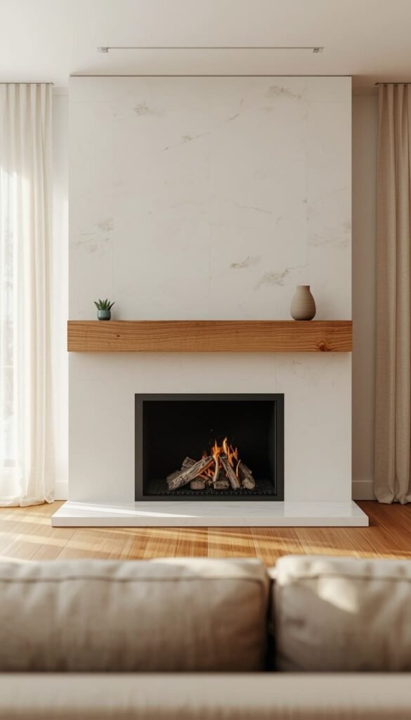 Natural Limestone and Raw Wood Mantel