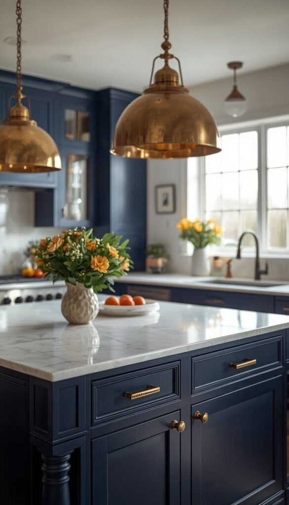 Navy Kitchen With Statement Pendant Lighting