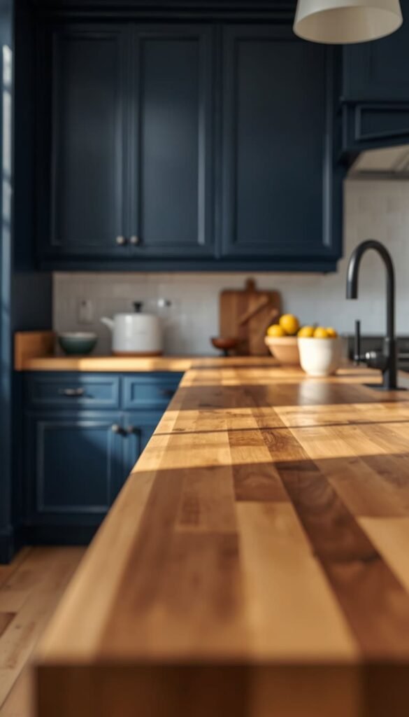 Navy With Butcher Block Countertops