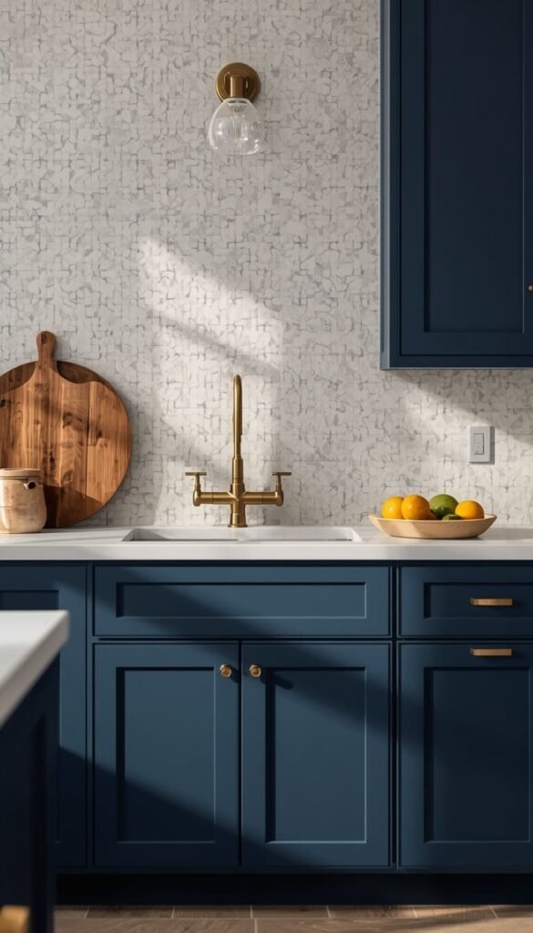 Navy With Zellige or Patterned Backsplash