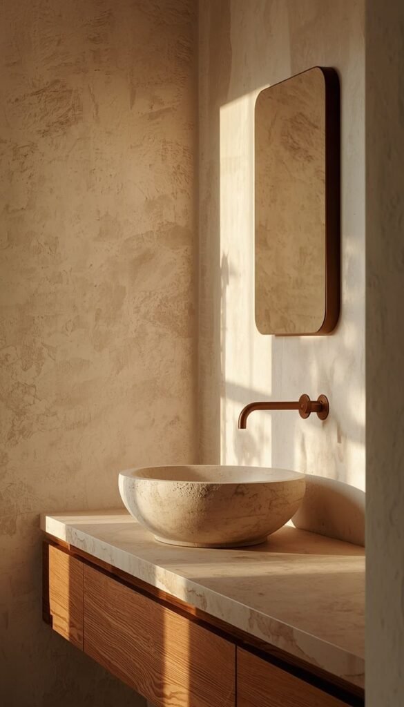 Organic Modern Bathroom With Limewash Walls and Stone Sink